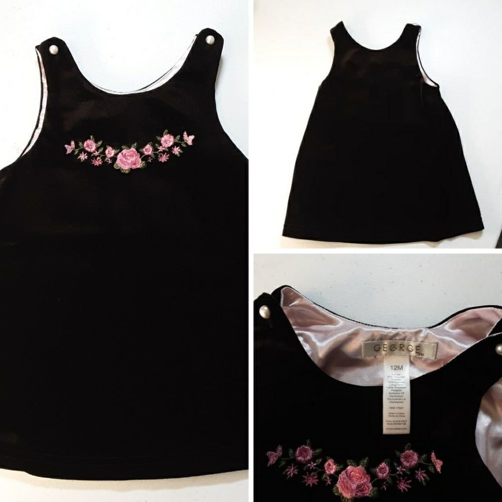 George Black Velvet Jumper Embroidered w/ Pink Roses‎ sz 12 m…